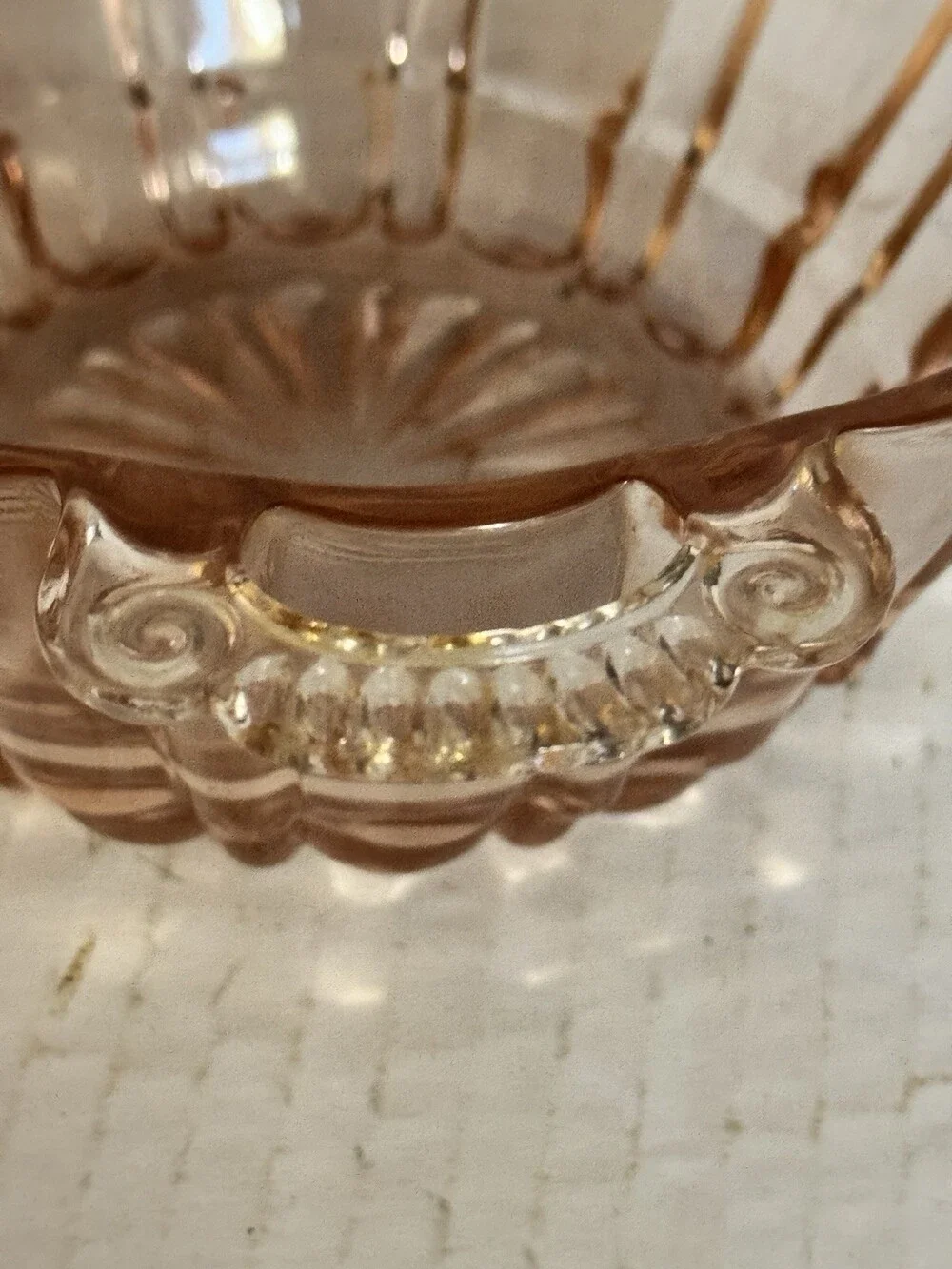 Vintage Pink Depression Glass 2 Handle Bowl Ribbed Scalloped Candy Serving Dish